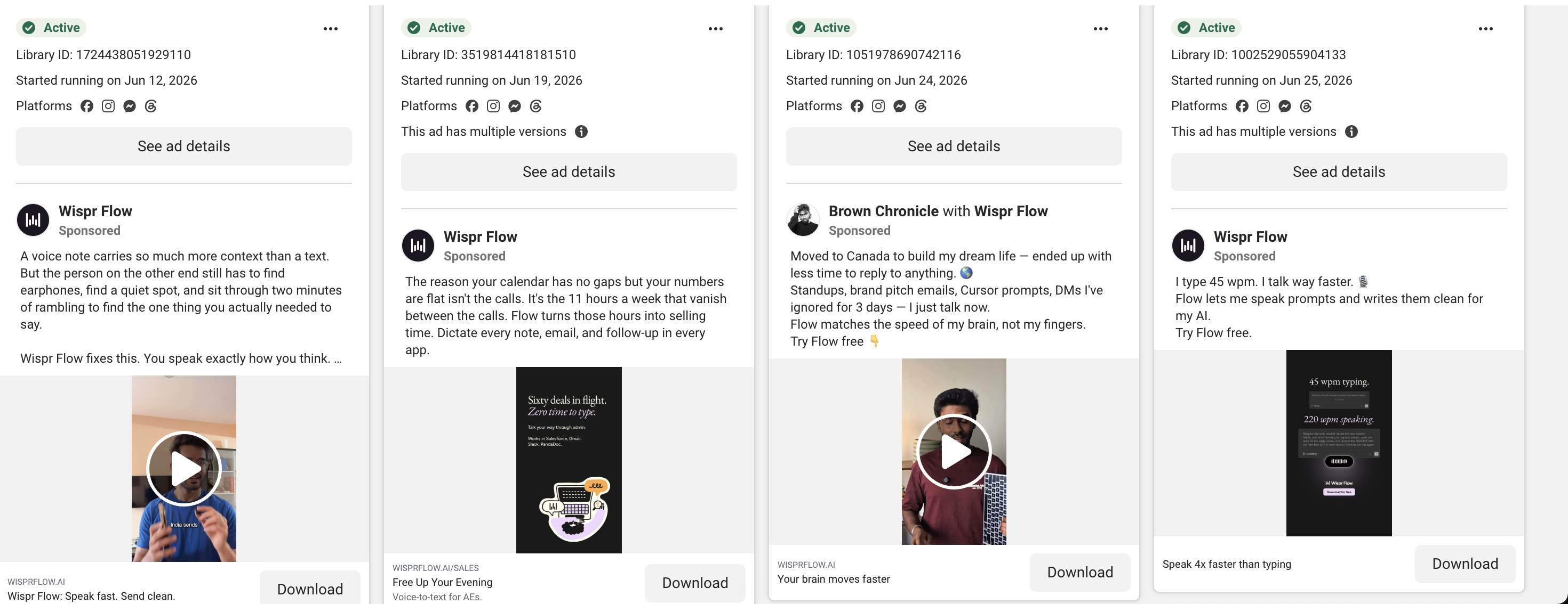 Wispr Flow Meta ads: UGC-style talking-to-camera creative for different audiences